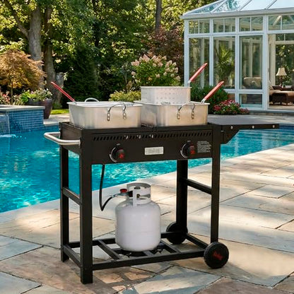 Feasto Outdoor Propane Deep Fryer with Movable Cart, 36 QT 2-Burner Stove | 100,000 BTU Total, 2 x 18QT Aluminum Pots, 1 x 18QT Basket & 2 x 9QT Frying Baskets, Portable Fryer for Fish, Fries & Chicken - size: 36 qt