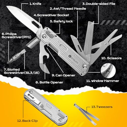 BIBURY Multitool Pocket Knife BI2056, Stainless Steel Multi Tool Knife with Clip, Folding Multitool EDC Knife with Magnetic Locking,Screwdriver,Large Scissors,Glass Breaker for Survival Camping Hiking