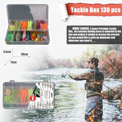 EXAURAFELIS Fishing Lures Tackle Kit, Mixed Hard & Soft Baits Metal Spoons Fishing Accessories for Bass Trout Pike Freshwater Saltwater Fishing - color: 130pcs