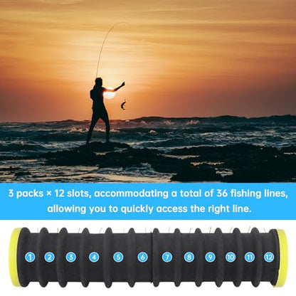 Conskyee 3 PCS Fishing Line Spool Storage Organizer - 12 Slots Each, Tangle-Free Line Winder with Storage Box, Length 20 cm for Fishing Lines, Hooks & Small Gear