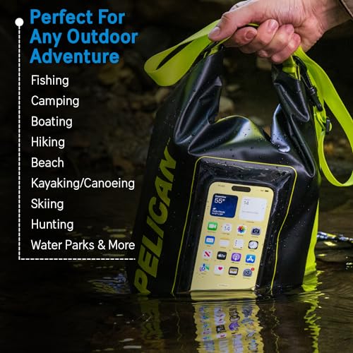 Pelican Marine IP68 Waterproof Dry Bag 5L w/Phone Pouch/Case - Black/Yellow | Roll Top Waterproof Backpack with Touchscreen Phone Pouch - Swimming, Kayaking, Camping, Rafting, Fishing & Travel Essentials - color: Black/Yellow - 5L, size: 5L