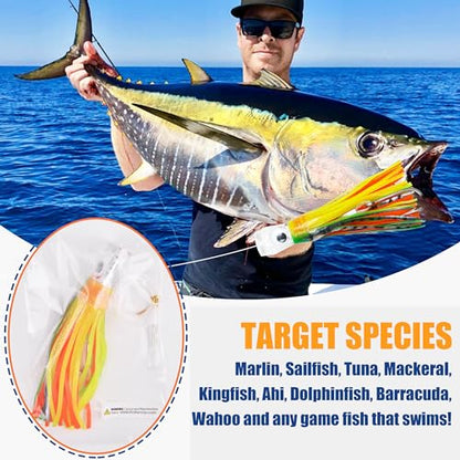 Saltwater Fishing Lures 6/9inch Trolling Lures for Marlin Mahi Tuna Dolphin Shark Big Game Deep Sea Fishing Baits Squid Skirts Rigged Hooks Ocean Gear Tackle - color: Yellow-1pcs, size: 9inch
