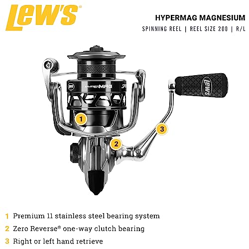 Lew's HyperMag Spinning Fishing Reel, 6.2:1 Gear Ratio, Right or Left-Hand Retrieve, Magnesium Frame, Premium 11 Stainless Steel Ball Bearings