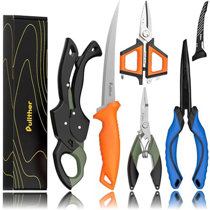 5PC Fishing Tool Kit - Fillet Knife, 2PC Fishing Pliers,Fishing Braid Scissors and Fish Lip Gripper, Fishing Gear for Fly Fishing, Ice Fishing - color: 5PC+Multicolor