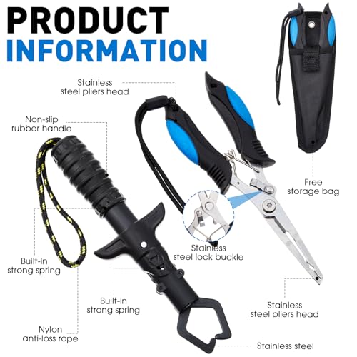 RoundFunny 10 Pcs Fishing Tool Kit, Fishing Pliers with Lanyard and Protective Sheaths, Landing Net, Fillet Knife, Fish Scale, Gripper, Hook Remover, Braid Scissors, Gloves for Men Dad Gift - color: Blue