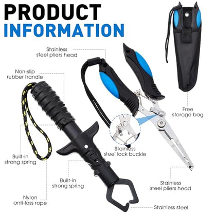 RoundFunny 10 Pcs Fishing Tool Kit, Fishing Pliers with Lanyard and Protective Sheaths, Landing Net, Fillet Knife, Fish Scale, Gripper, Hook Remover, Braid Scissors, Gloves for Men Dad Gift - color: Blue