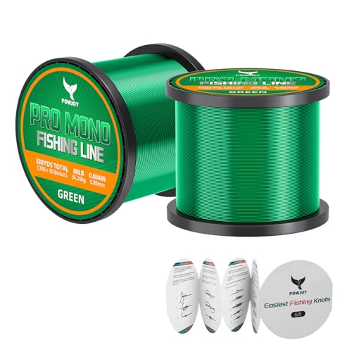Monofilament Fishing Line with Knot Guide Card, Tangle-Free Snap Ring for No More Mess, Low Memory Smooth Casting Nylon Mono String, 15/20/30/50/80LB, 220-1050 Yards - color: Green, size: 80LB 330Yards