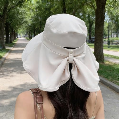 Women Wide-Brim-Bucket-Ponytail-Sun-Hats - Summer UV Protection Sun Hat Foldable Fishing Hat with Neck Flap Pony Hole