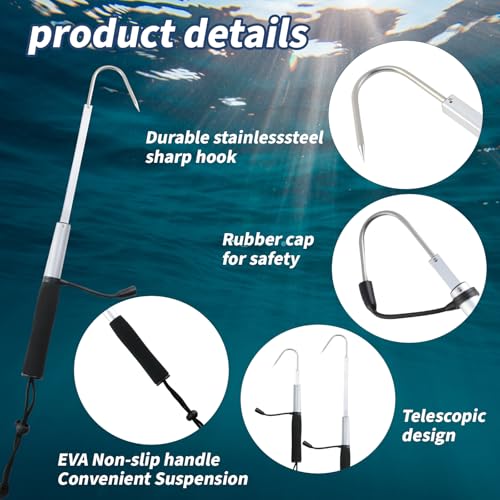 Dnyta Telescopic Fishing Gaff with Super Sharp Spear Hook, Hand Fish Gaff | Retractable Lightweight Aluminium Alloy Pole and Injury Prevention Hand Rubber Hook Caps for Saltwater, Boat, Kayak Fishing
