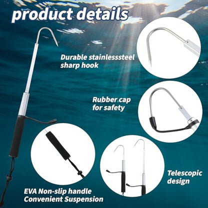 Dnyta Telescopic Fishing Gaff with Super Sharp Spear Hook, Hand Fish Gaff | Retractable Lightweight Aluminium Alloy Pole and Injury Prevention Hand Rubber Hook Caps for Saltwater, Boat, Kayak Fishing
