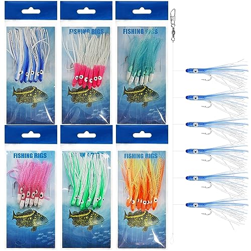Fishing Bait Rigs Saltwater Set, 6 Packs Squid Bait Lure Rigs Surf Fishing Rigs with Glow Soft Squid Skirt Hook Swivel Snap for Freshwater Saltwater