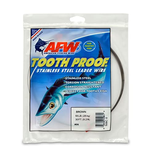 AFW Tooth Proof Stainless Steel Single Strand Hard Leader Wire - Bright and Camo for Shark, Barracuda, King Mackerel, Wahoo, Snook Bite Protection for Toothy Critters, Rigging Baits and Lures - color: Camo, style: #6, 58 Lb Test, 30 Ft