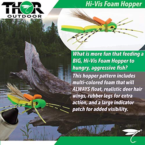 Topwater Fly Fishing Kit for Bass & Panfish | 14 pc Set + Tapered Leader - Foam Poppers, Hoppers, Dry Flies, Spiders, Ants, & Attractors (Hook Size 10 to 12)