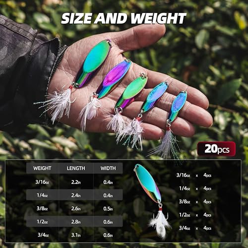 Jigging Spoon Fishing Lures 20/40PCS Kit – Metal Casting Spoon Lure Set with Treble Hooks, Mixed Sizes Spinner Baits for Saltwater & Freshwater Trout, Salmon, Bass - color: Holographic, size: Mixed Size 20PCS