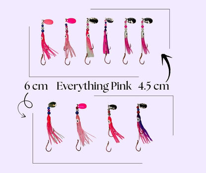 Squid Fishing Hoochies 10 Pack -Glow Fresh Water Kokanee Salmon Trolling Lures with Pre-Rigged Octopus Hooks - Spinner Blades, Synthetic Skirts Kokanee Hoochies for Salmon Fishing - style: Think Pink Hoochies 10 Pack
