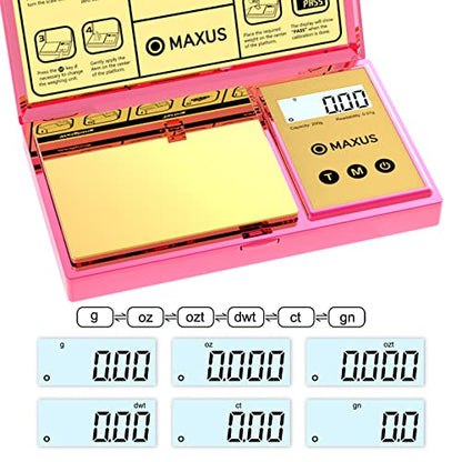 MAXUS Digital Gram Scale with 200g x 0.01g Capacity, Stylish Pink Plated Shining Cover and Platform, Mini Pocket Scale for Food and Jewelry - color: Pink
