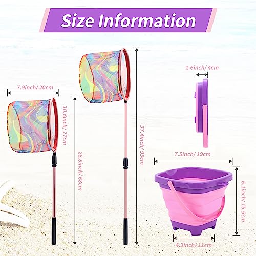 Kids Fishing Net, 2 Pack Telescopic Landing Nets with Aluminum Pole Handle, Collapsible Bucket Sand Pail, Butterfly Net, Fishing Net for Youth, Outdoor Playing - color: Pink and Blue