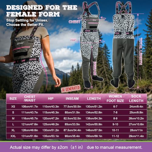Goture 5-Layer Lepord Breathable Women's Fly Fishing Waders, Waterproof Neoprene Stockingfoot Waders w/Handwarmer - size: X-Large