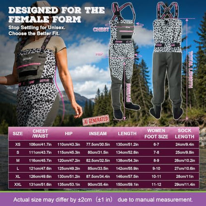 Goture 5-Layer Lepord Breathable Women's Fly Fishing Waders, Waterproof Neoprene Stockingfoot Waders w/Handwarmer - size: XX-Large