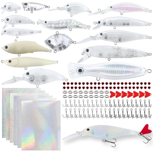 207Pcs Unpainted Fishing Lures Making Kit DIY Lure Blanks | DIY Jerkbait Crankbaits Minnow Hard Bait Set Include Treble Hook Split Rings Lure 3D Eyes Stickers
