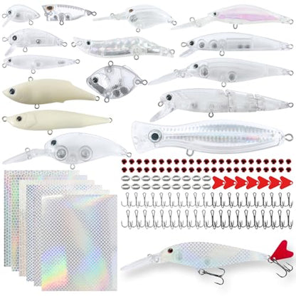 207Pcs Unpainted Fishing Lures Making Kit DIY Lure Blanks | DIY Jerkbait Crankbaits Minnow Hard Bait Set Include Treble Hook Split Rings Lure 3D Eyes Stickers