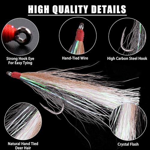 Bucktail Teasers Fishing Hooks Saltwater Flounder Rig Bucktail Mylar Teasers Inserted Fishing Teaser Hooks for Jigs Spoons Lures Hi/Lo Rig Striped Bass Bluefish Flounder Surf Bottom Fishing - color: Black-grey, size: 6pcs