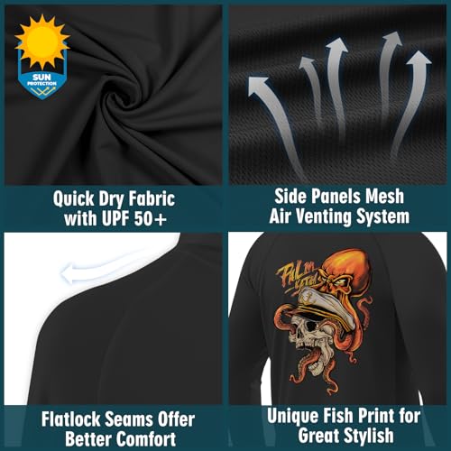 Palmyth Fishing Hoodie for Men Long Sleeve Sun Protection UV UPF 50+ Shirts - color: Black / Kraken Skull, size: Medium