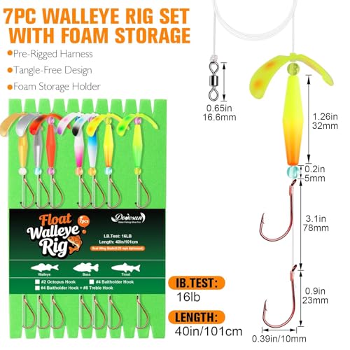 Dovesun Crawler Harness Walleye Rigs with Dual-Wing Blade, Float Walleye Spinner Rig for Slow Trolling (0.25 mph), Fluorocarbon Worm Harness, 2 Hook Walleye Fishing Rigs, 7 Pack - size: Dual #2 Octopus Hooks