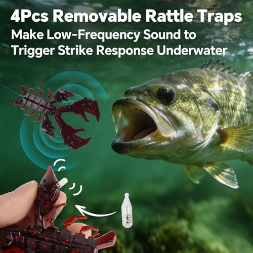 4.1" Crawfish Lure for Bass Fishing, Soft Plastic Craw Bait Kit with Removable Rattles & Jig Head, Reusable Bait Box for Freshwater Bass - color: blue+red+green