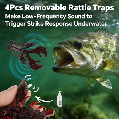 4.1" Crawfish Lure for Bass Fishing, Soft Plastic Craw Bait Kit with Removable Rattles & Jig Head, Reusable Bait Box for Freshwater Bass - color: blue+red+green