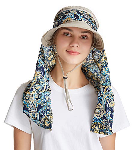 icolor Women Sun Hat UPF 50+ Sun Protection Hat Summer Outdoor Neck Shield Flap Visor Hat Ponytail Hats Wide Brim Beach Hat - color: Brown
