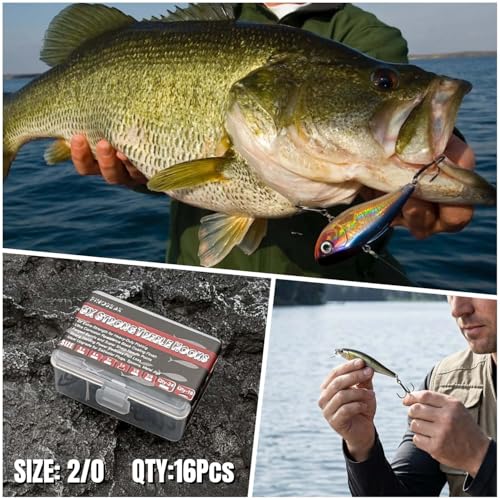Heavy Duty Treble Hooks 5X Extra Strong, Sharp Treble Fishing Hooks Saltwater with Ultra Anti-Rust Coating Sturdy Replacement Lure Triple Hooks Freshwater Sizes #6–5/0 - size: 2/0-16Pcs
