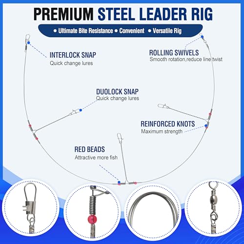 Fishing Leaders Saltwater Tackle Rig Stainless Steel Fishing Wire Leader Line with Swivels Snap Beads Pre-Tied Hi-Low Bottom Rigs for Surf Pier Trolling Fishing Tackle - style: 3 Arms-12pcs