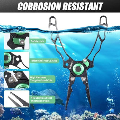 Fishing Pliers with Innovative Ergonomical Handle, Corrosion Saltwater Resistant,Fishing Multitool Hook Remover Braided Fishing Line Cutting, Split Ring with Coiled Lanyard and Sheath - color: Dark Gray-6.6"