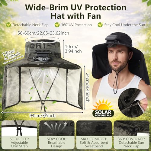 Maiteenly 2 Pcs Solar Fan Hat for Men with Neck Flap Bucket Fan Buit in Hats for Hiking Fishing Outdoor USB and Solar Powered - color: Black, Military Green