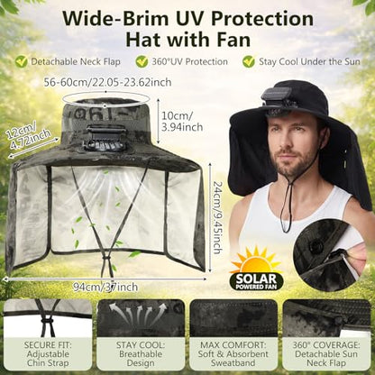 Maiteenly 2 Pcs Solar Fan Hat for Men with Neck Flap Bucket Fan Buit in Hats for Hiking Fishing Outdoor USB and Solar Powered - color: Black, Military Green