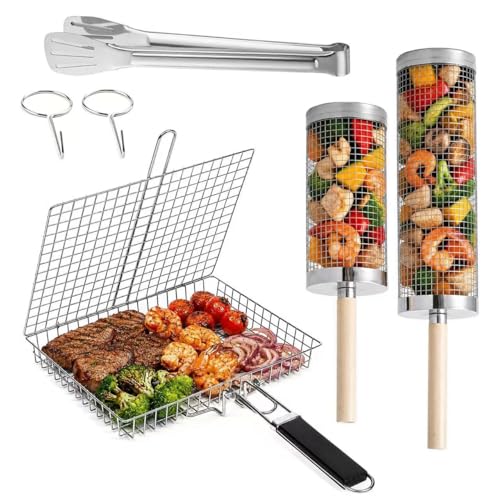 Grill Basket Set Stainless Steel, Rolling BBQ Tools with Removable Wooden Handle, Smoker Grilling Accessories for Fish, Grill Baskets for Outdoor Grill
