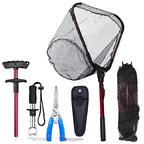 Foldable Kayak Landing Net Kit, 4PCS Fishing Tool Set | With Pliers, Fish Gripper & Hook Remover for Kayak Fishing, Boating, Shore Fishing, Freshwater & Saltwater - color: Red 4pcs Fishing Tools Kits