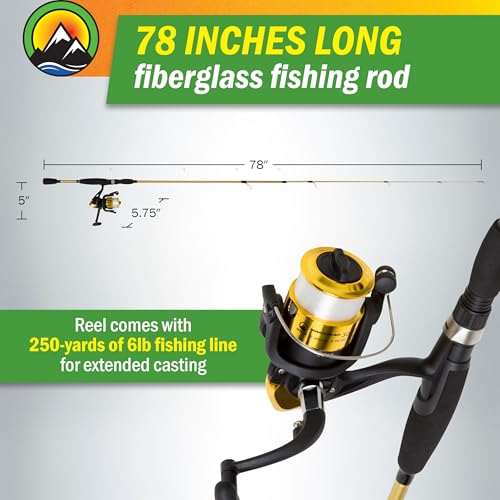 Fiberglass Fishing Pole - Strike Series 78-Inch Collapsible Rod and Spinning Reel Combo, EVA Handle, Pre-Spooled Reel, Fishing Gear for Catching Walleye, Bass, Trout, and More by Wakeman - color: Trophy Gold