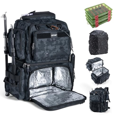 Goture Fishing Backpack with 4 Tackle Boxes, 53L 600D Water-Resistant Tackle Backpack with Cooler,Rod Holders, 8 Lure Pockets, Rain Cover, Large Fishing Bag Storage Gear Tackle Bag for Camping Hiking - color: C4:53l Insulated Camo(with 4 3600 Tackle Boxes