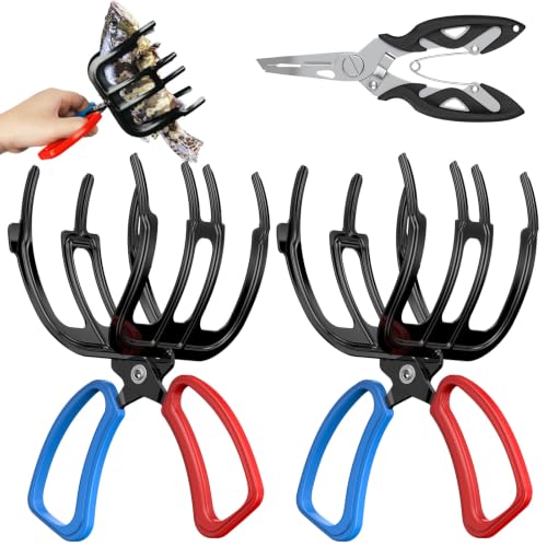 Pawfly Fish Grippers & Fishing Pliers, Fish Grabber Tool, Split Ring Pliers | Non-Slip 3 Claw Fish Control Clamps for Most Freshwater Fish, Metal Fish Hook Remover, Multifunctional Fishing Gear - size: 2pcs 3 Claw+Lure pliers