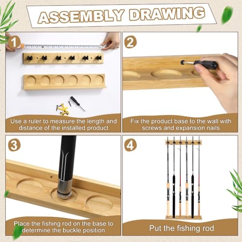 Arrowbash Wall Mounted Fishing Rod Holder Wooden Vertical Fishing Rod Rack Fishing Pole Holders for Garage Holds up to 6 Rods Fishing Gear Storage Organizer Grandpa(Bamboo Wood Color)