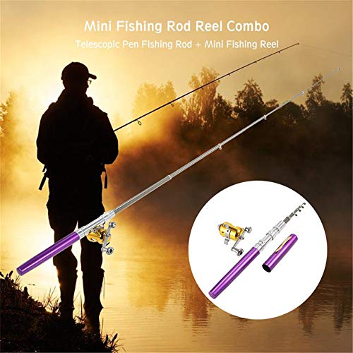 Jatzde Mini Portable Pocket Fish Rod Pen Aluminum Alloy Fishing Rod Pole Reel Combos… - color: Purple