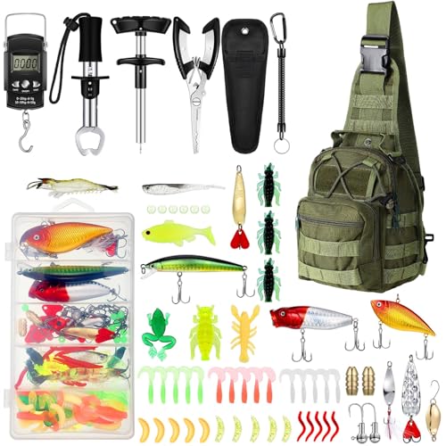 Sosation 134 Pcs Fishing Tool Fishing Tackle Box Kit and Equipment for Adults Beginner Gift, Hook Remover, Pliers Kit, Backpack Tackle Container Lures, Lip Gripper, Weigh Scale - color: Army Green