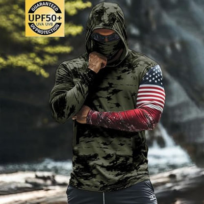 UPF 50+ Men's Sun Protection Hoodie Long Sleeve Sun Shirt with Face Mask Quick Dry Breathable Sun Guard for Fishing - color: A08-army Green, size: X-Large