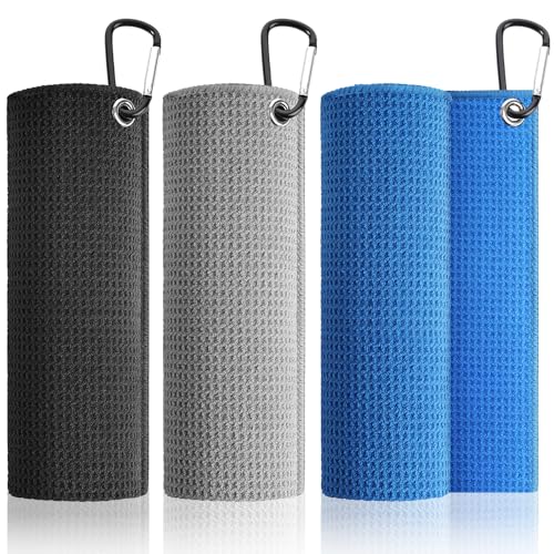 Pro 3 Pack Golf Towels (16"x16"), Durable Microfiber Golf Towels with Hook and Loop Fastener, Premium Essential Accessories for Golf Bag for Men(Gray, Blue, Black)
