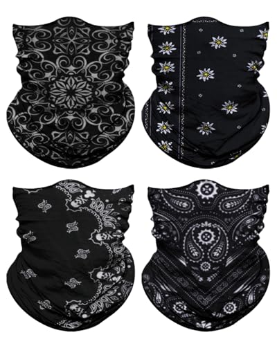 4Pack Neck Gaiter for Men Women Face Cover Mask Head Wrap Balaclava Headwear Bandana Headband Magic Scarf - color: A-black-flower-1