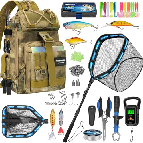 THKFISH Telescoping Fishing Rod and Reel Combo with Backpack, Carbon Fiber Travel Fishing Pole Spinning Reel Kit with Fishing Lures, Fishing Tools Kit for Men - color: Khaki Backpack With Fishing net, size: 39IN