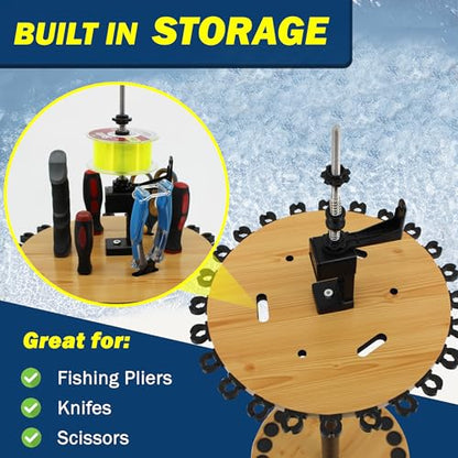 Rush Creek Creations 24-Rod Fishing Rod Holder 360° Rotating Built-in Spooler 14.75"x37.75" Light Wood