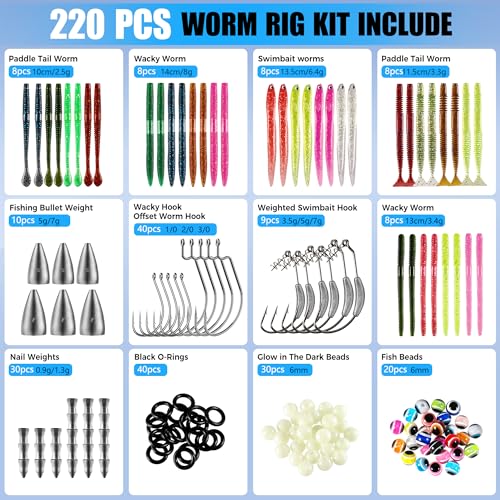 PLUSINNO Wacky Worm Fishing Lure Kit, Soft Plastic Fishing Lures, Grub Baits Hook Wacky Rig Bass Trout Fishing Worms Lures w/Tackle Box - color: 220PCS Wacky Worm Fishing Lure Kit